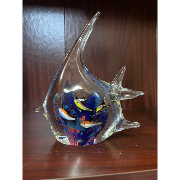 Murano Style Blown Art Glass Angelfish Paperweight with swimming school of fish - Picture 3 of 7